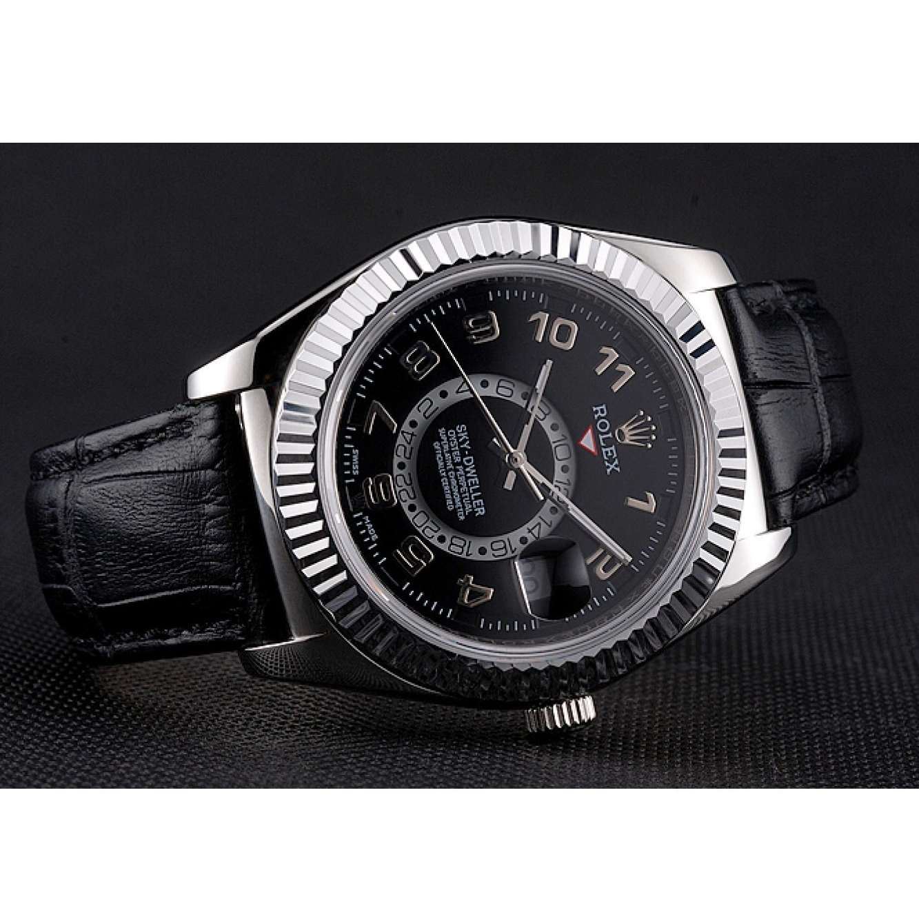 Aaa replica watch Dial Dweller Steel Black Leather Black Rolex Strap Stainless Sky Case 0729